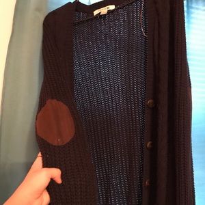 Navy cardigan with brow elbow patches